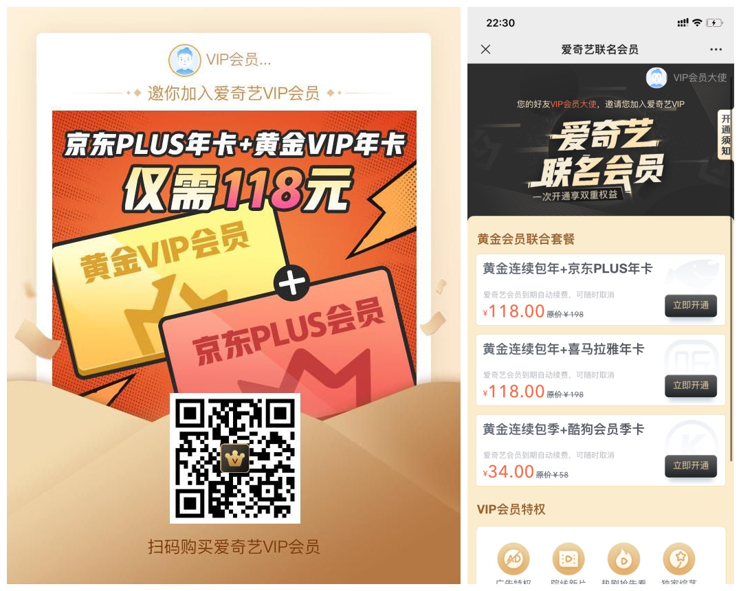 118元开通1年爱奇艺会员+1年京东plus联合会员
